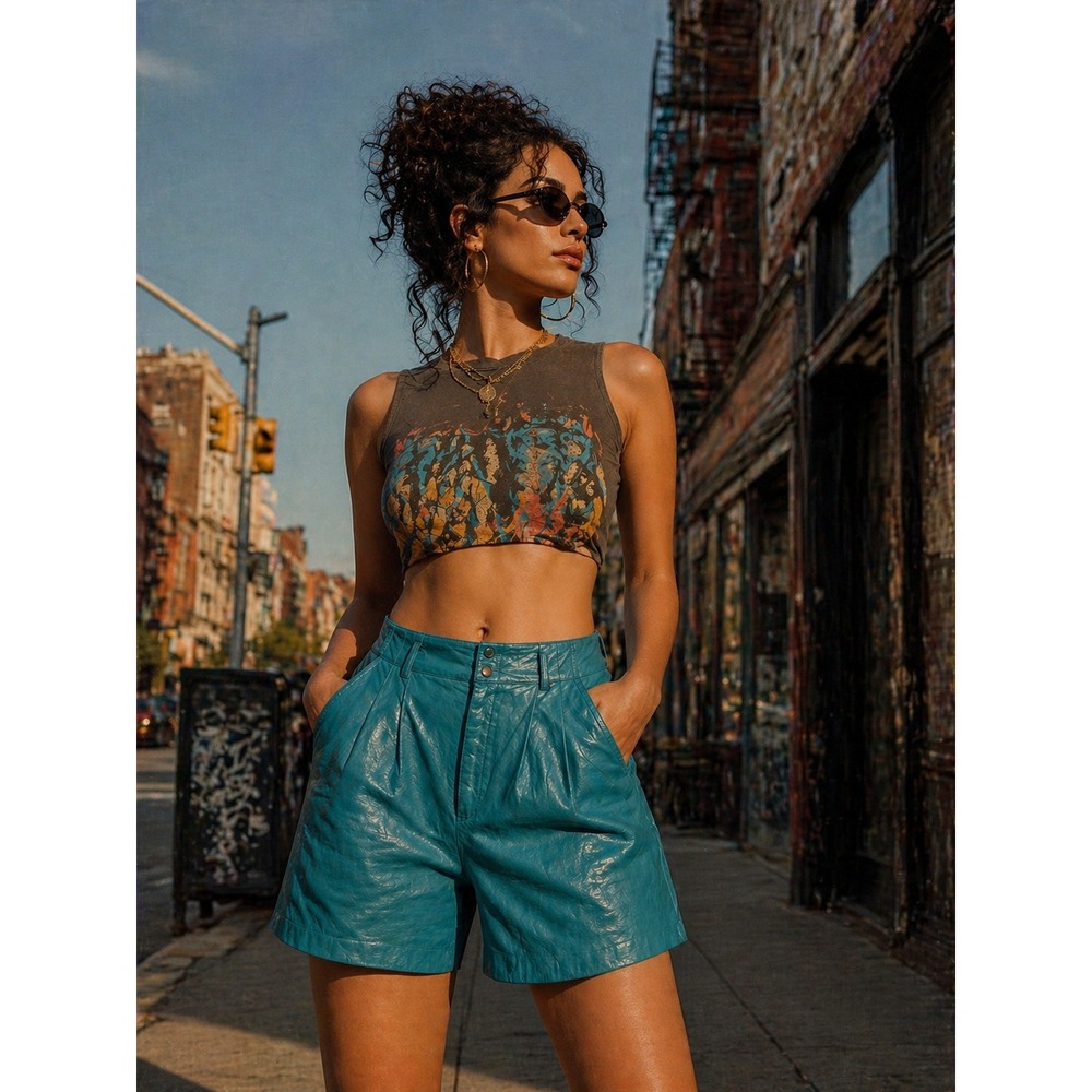 Teal High-Waist Leather Shorts